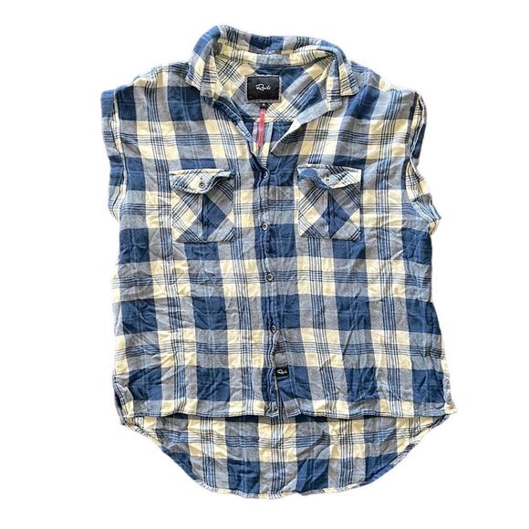 Rails & Free People Cap sleeve Blue and Yellow flannel button up size medium - Picture 1 of 6